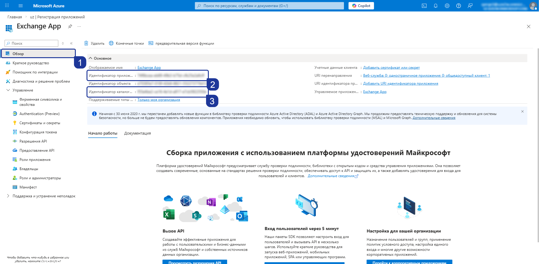 Идентификаторы приложения и каталога